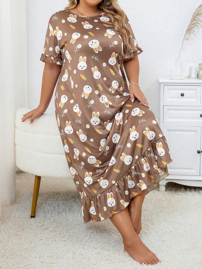 Plus Size Floral Rabbit Print Short Sleeve Crew Neck Ruffle Hem Sleep Dress