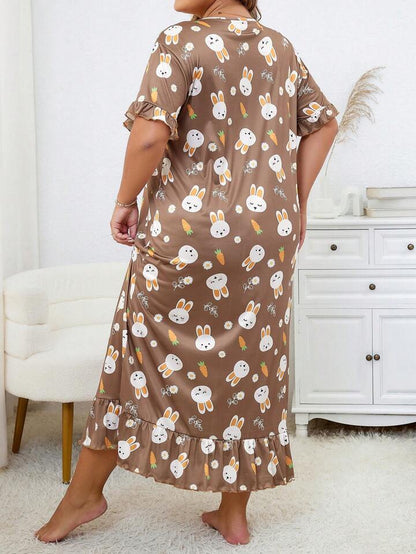 Plus Size Floral Rabbit Print Short Sleeve Crew Neck Ruffle Hem Sleep Dress