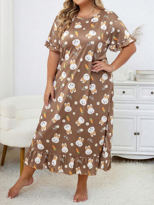 Plus Size Floral Rabbit Print Short Sleeve Crew Neck Ruffle Hem Sleep Dress