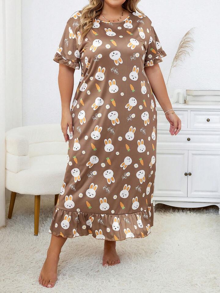 Plus Size Floral Rabbit Print Short Sleeve Crew Neck Ruffle Hem Sleep Dress