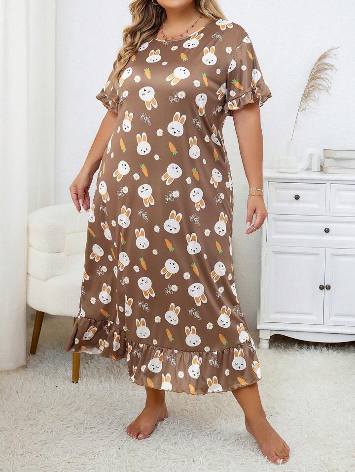 Plus Size Floral Rabbit Print Short Sleeve Crew Neck Ruffle Hem Sleep Dress