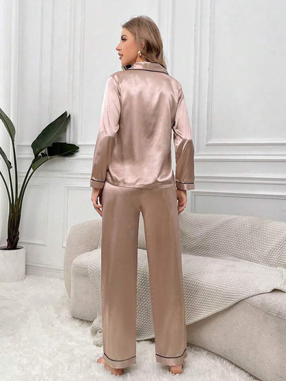 Satin Silk Pajama Set for Women with Long Sleeves & Pockets - Button Down Sleepwear Set