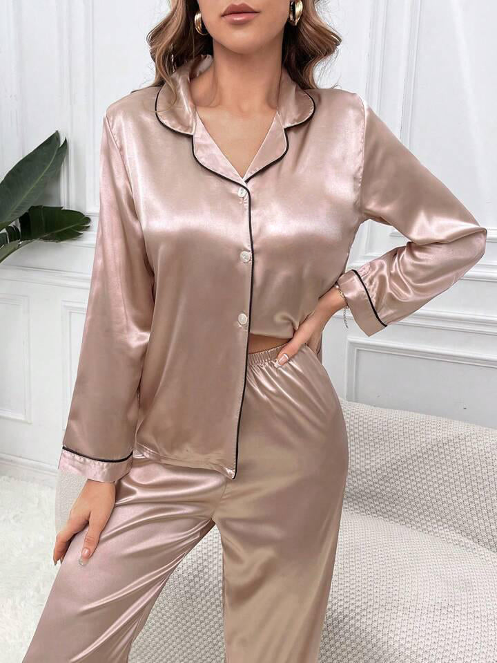 Satin Silk Pajama Set for Women with Long Sleeves & Pockets - Button Down Sleepwear Set