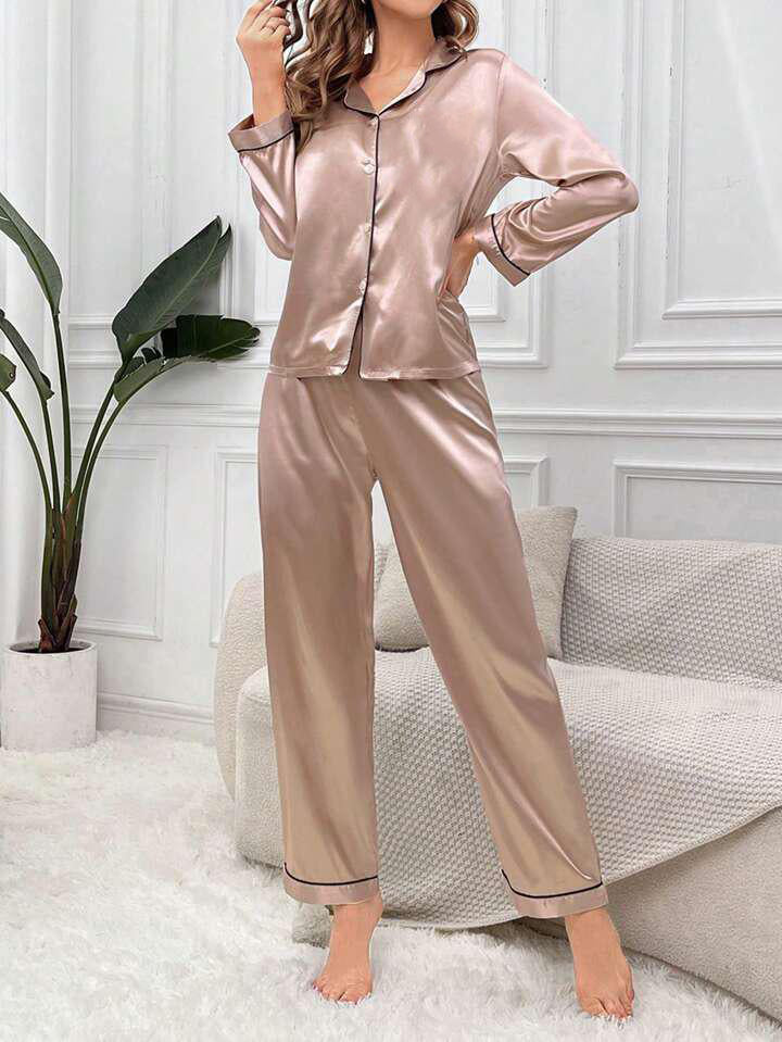 Satin Silk Pajama Set for Women with Long Sleeves & Pockets - Button Down Sleepwear Set