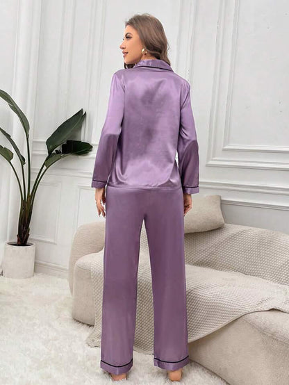 Satin Silk Pajama Set for Women with Long Sleeves & Pockets - Button Down Sleepwear Set