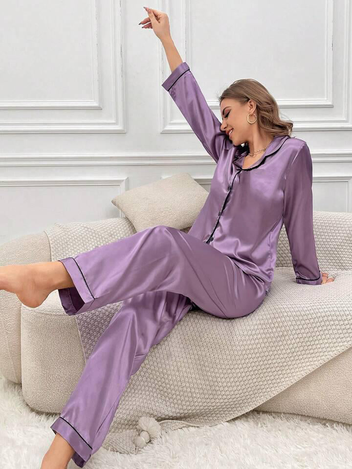 Satin Silk Pajama Set for Women with Long Sleeves & Pockets - Button Down Sleepwear Set