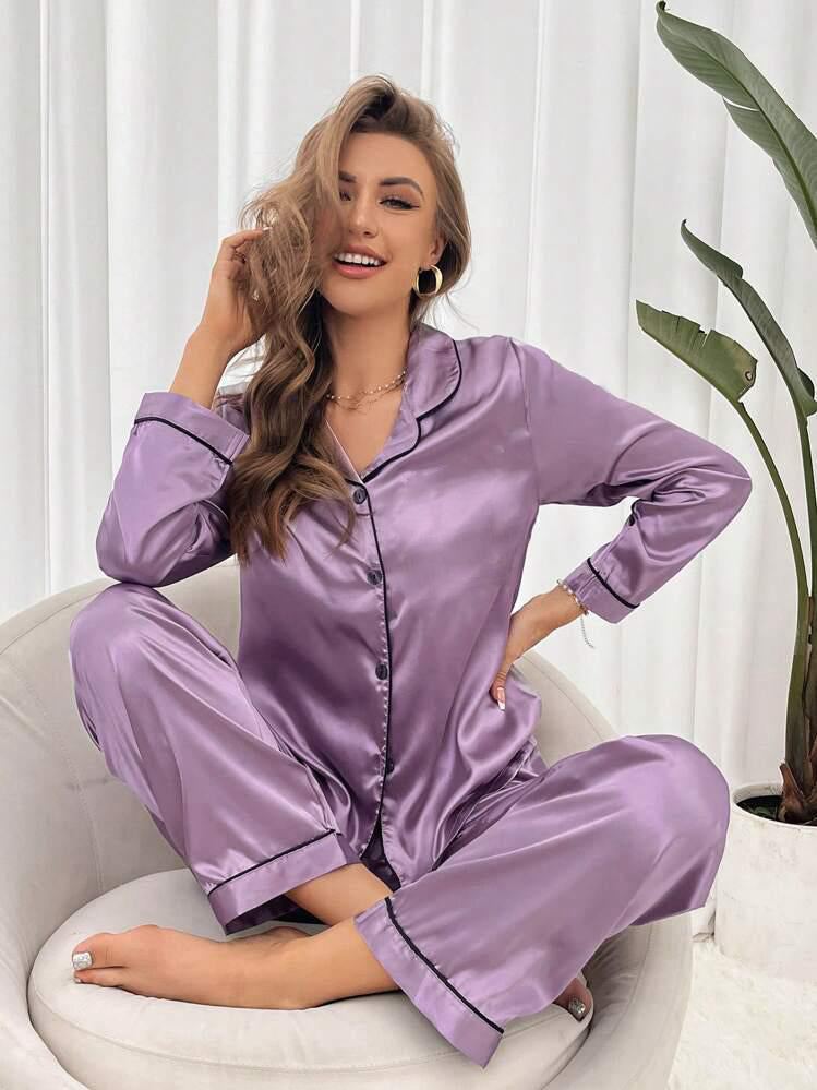 Satin Silk Pajama Set for Women with Long Sleeves & Pockets - Button Down Sleepwear Set