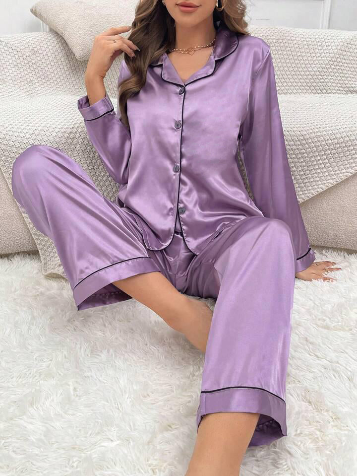 Satin Silk Pajama Set for Women with Long Sleeves & Pockets - Button Down Sleepwear Set