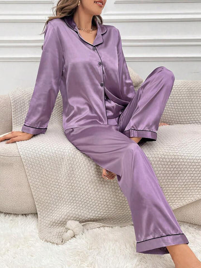 Satin Silk Pajama Set for Women with Long Sleeves & Pockets - Button Down Sleepwear Set