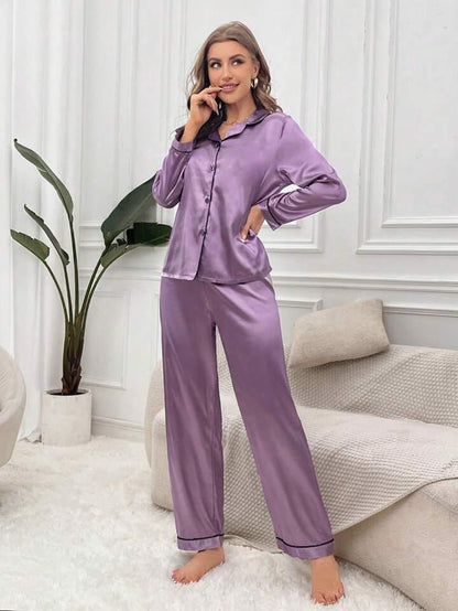 Satin Silk Pajama Set for Women with Long Sleeves & Pockets - Button Down Sleepwear Set