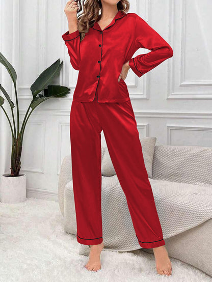 Satin Silk Pajama Set for Women with Long Sleeves & Pockets - Button Down Sleepwear Set