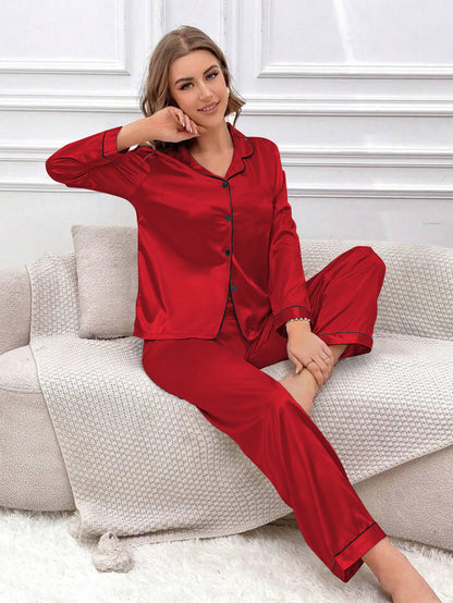 Satin Silk Pajama Set for Women with Long Sleeves & Pockets - Button Down Sleepwear Set