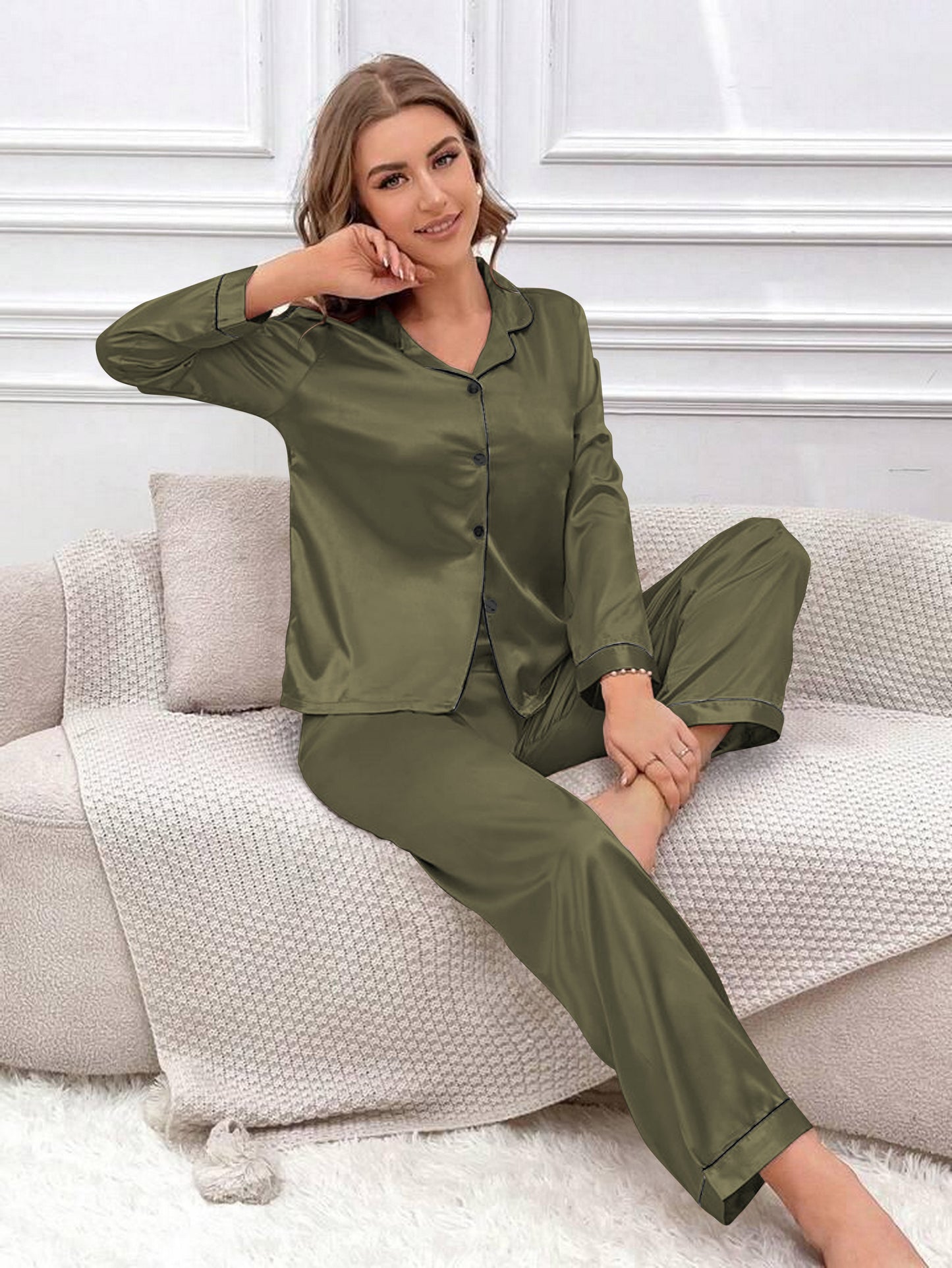 Satin Silk Pajama Set for Women with Long Sleeves & Pockets - Button Down Sleepwear Set