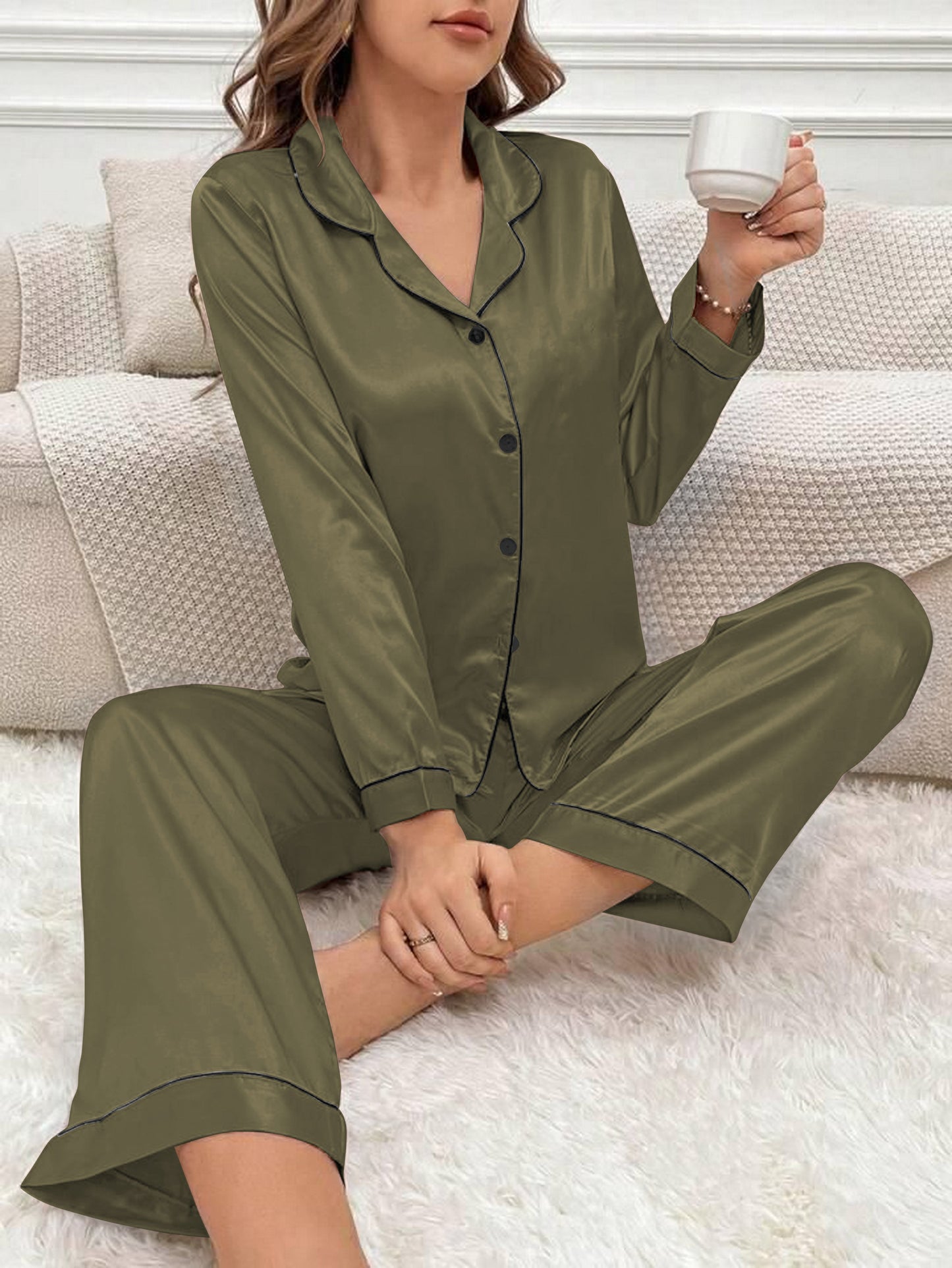 Satin Silk Pajama Set for Women with Long Sleeves & Pockets - Button Down Sleepwear Set