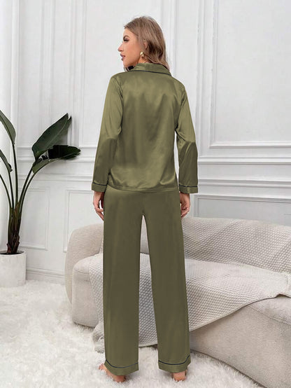 Satin Silk Pajama Set for Women with Long Sleeves & Pockets - Button Down Sleepwear Set