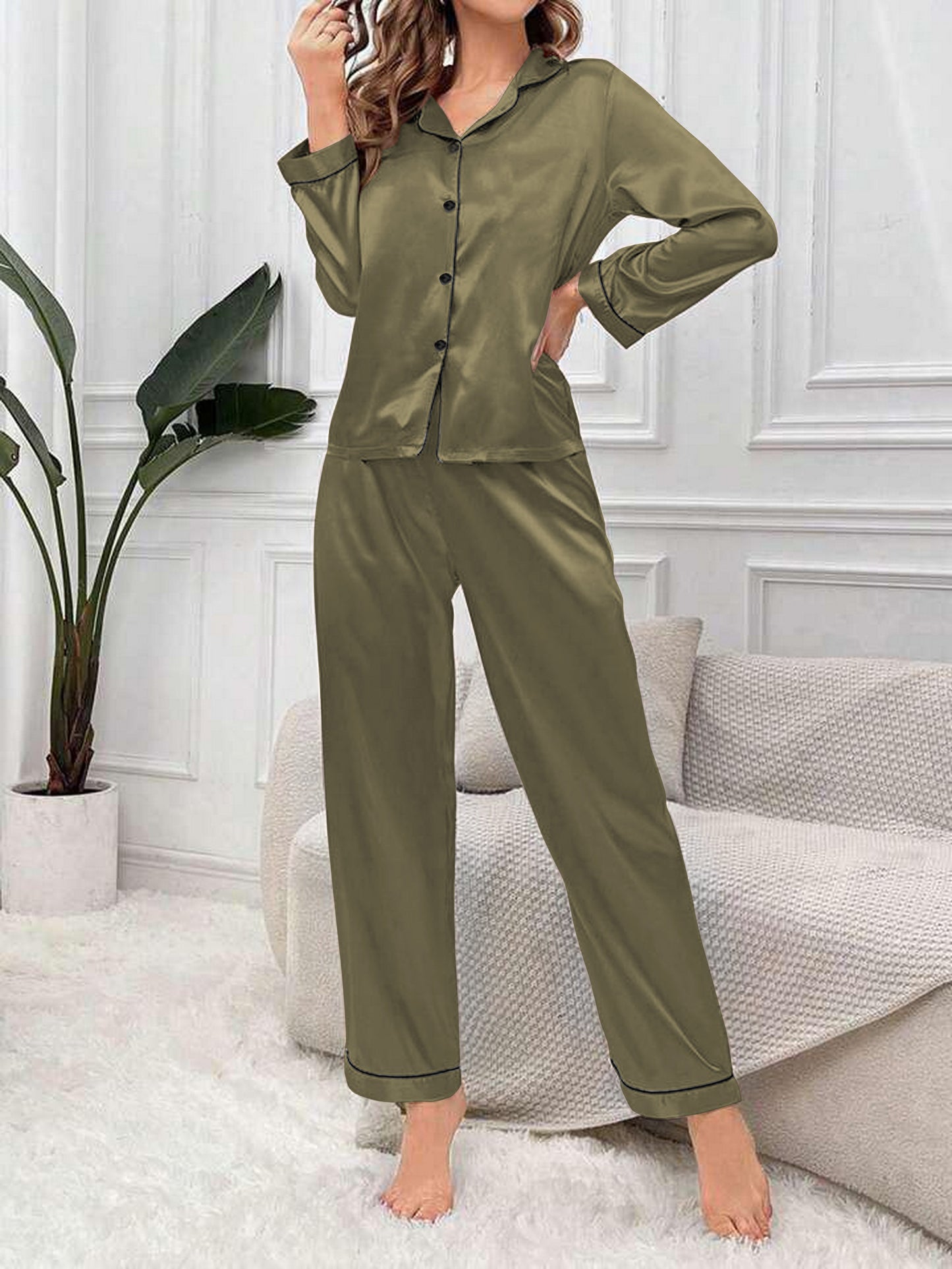 Satin Silk Pajama Set for Women with Long Sleeves & Pockets - Button Down Sleepwear Set