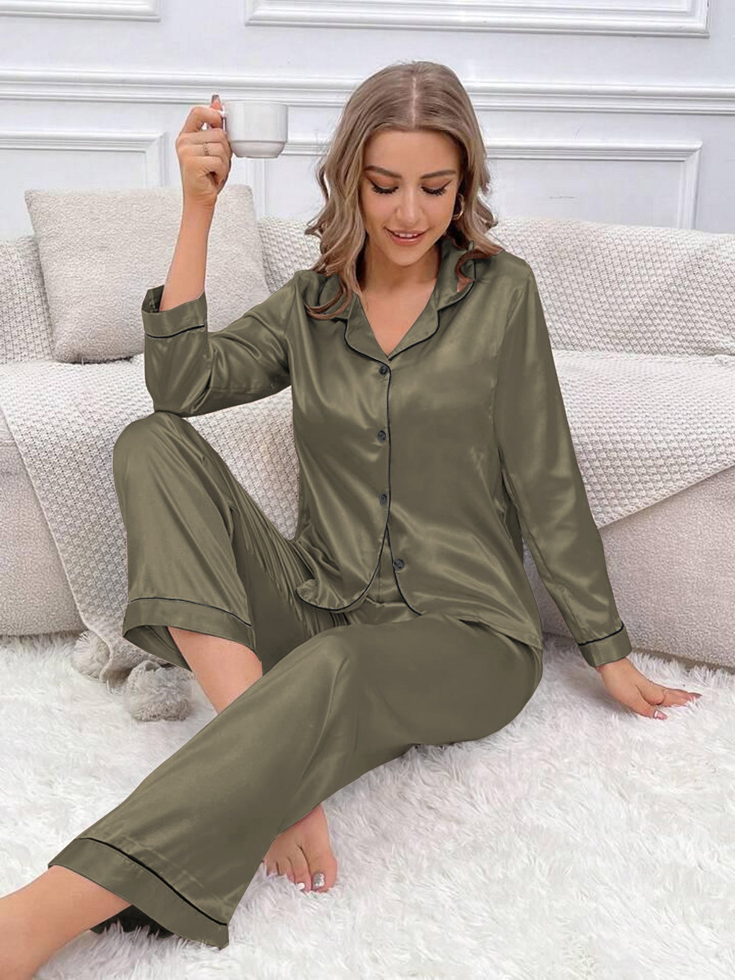 Satin Silk Pajama Set for Women with Long Sleeves & Pockets - Button Down Sleepwear Set