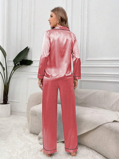 Satin Silk Pajama Set for Women with Long Sleeves & Pockets - Button Down Sleepwear Set