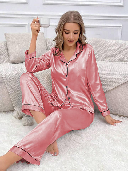 Satin Silk Pajama Set for Women with Long Sleeves & Pockets - Button Down Sleepwear Set