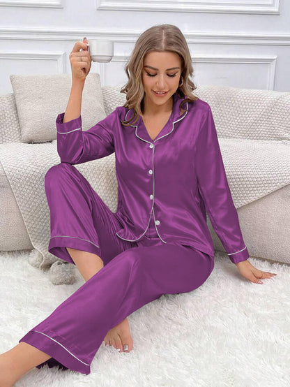 Satin Silk Pajama Set for Women with Long Sleeves & Pockets - Button Down Sleepwear Set