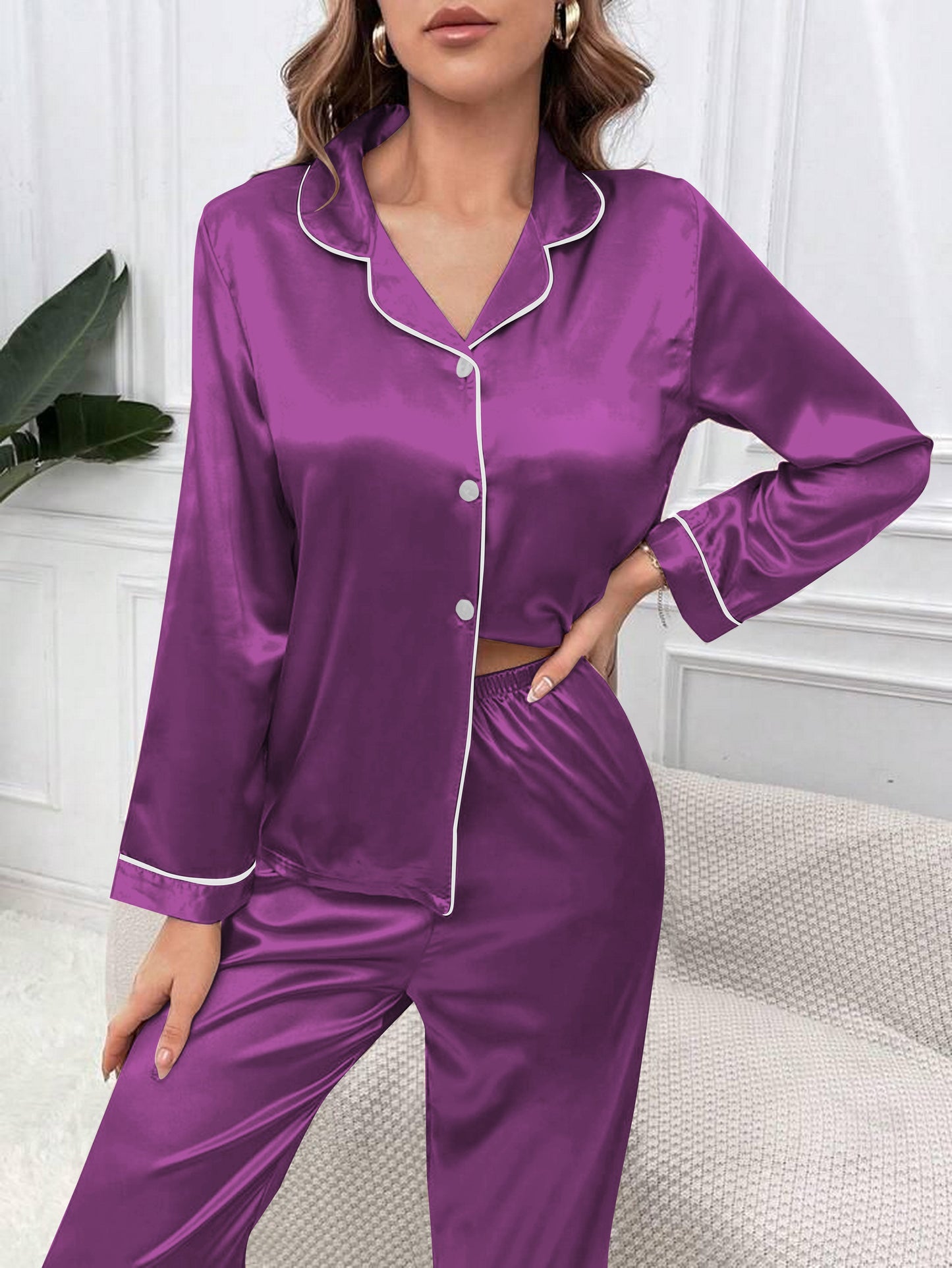 Satin Silk Pajama Set for Women with Long Sleeves & Pockets - Button Down Sleepwear Set