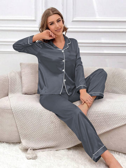 Satin Silk Pajama Set for Women with Long Sleeves & Pockets - Button Down Sleepwear Set