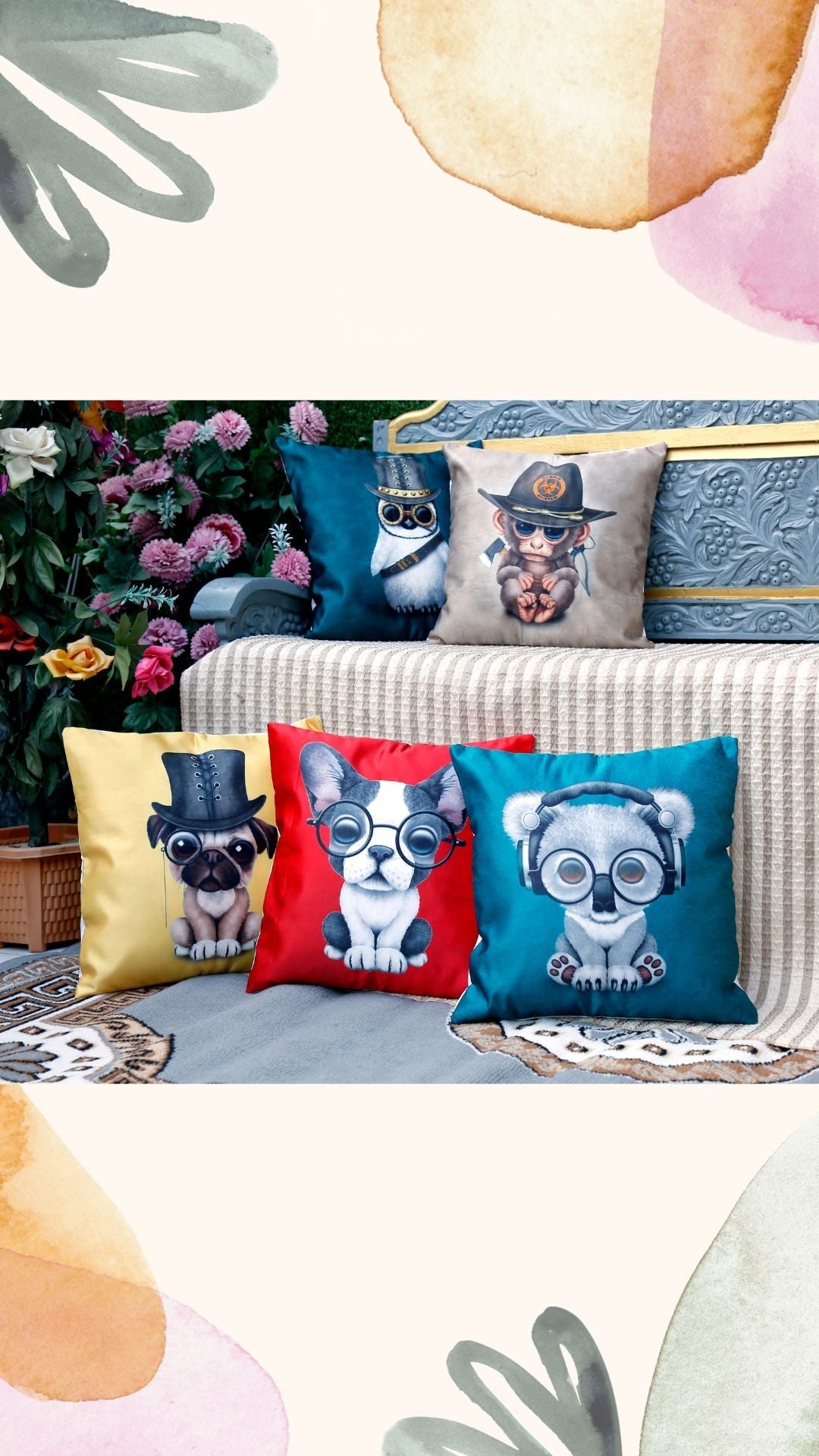 Cool Animals Kids Satin Print Cushion Covers, Set Of 5