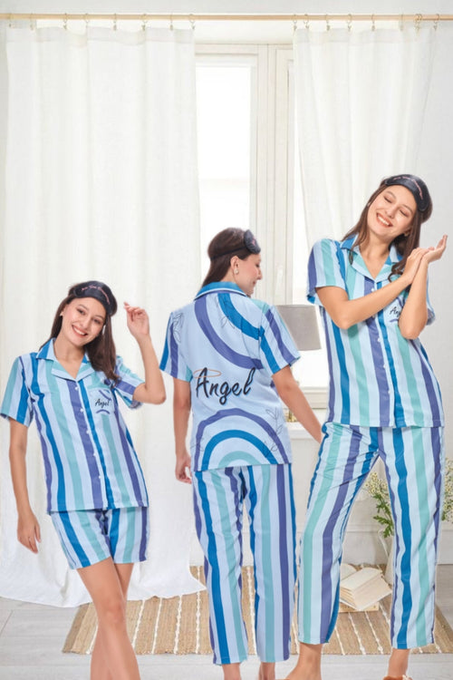 COMBO (3 Piece) Angel Back Printed Pyjama Set| Womens pjs (Short & Full Bottom)