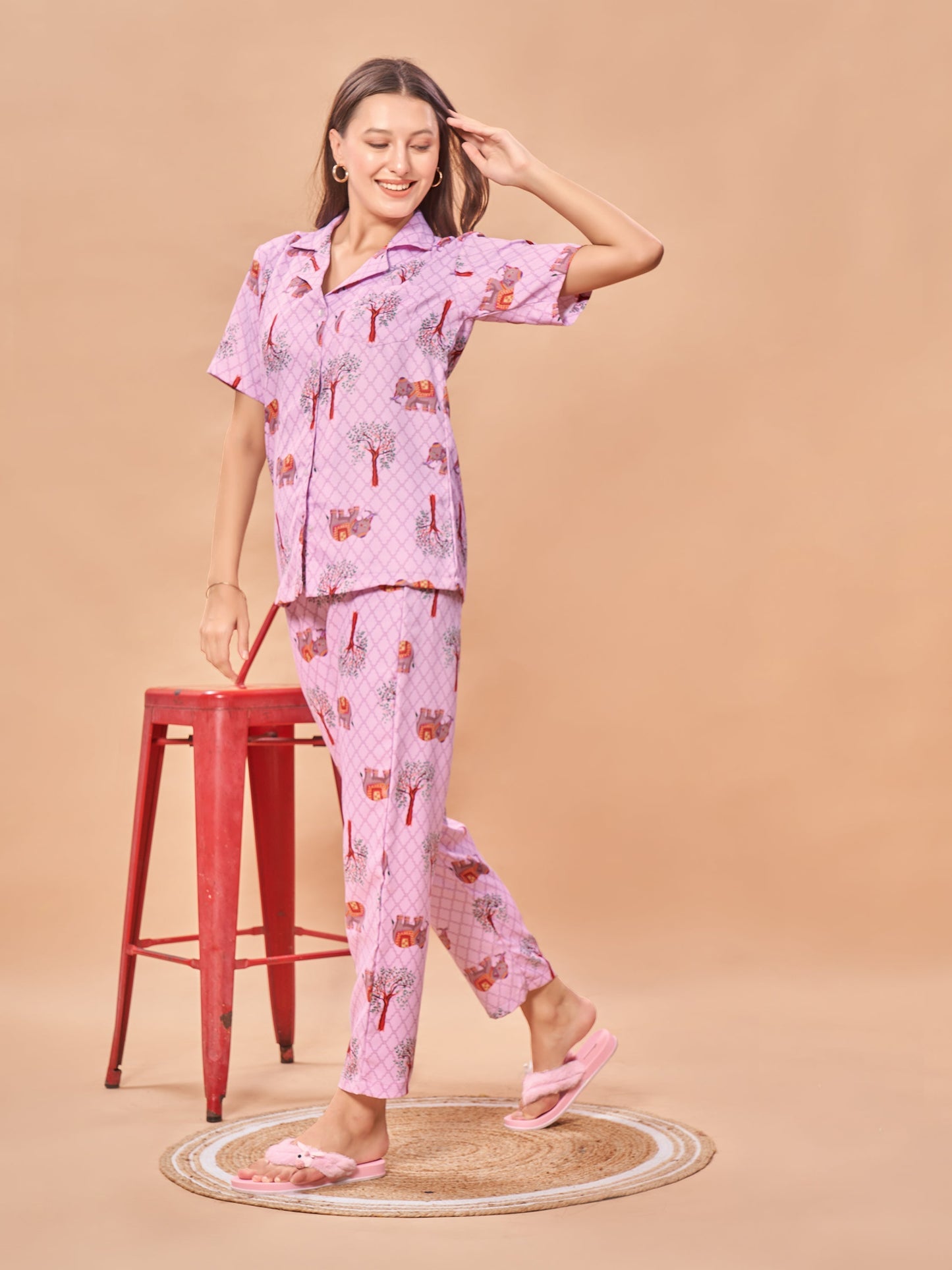 COMBO (3 Piece) Elephant traditional touch Printed Pyjama Set| Womens pjs (Short & Full Bottom)