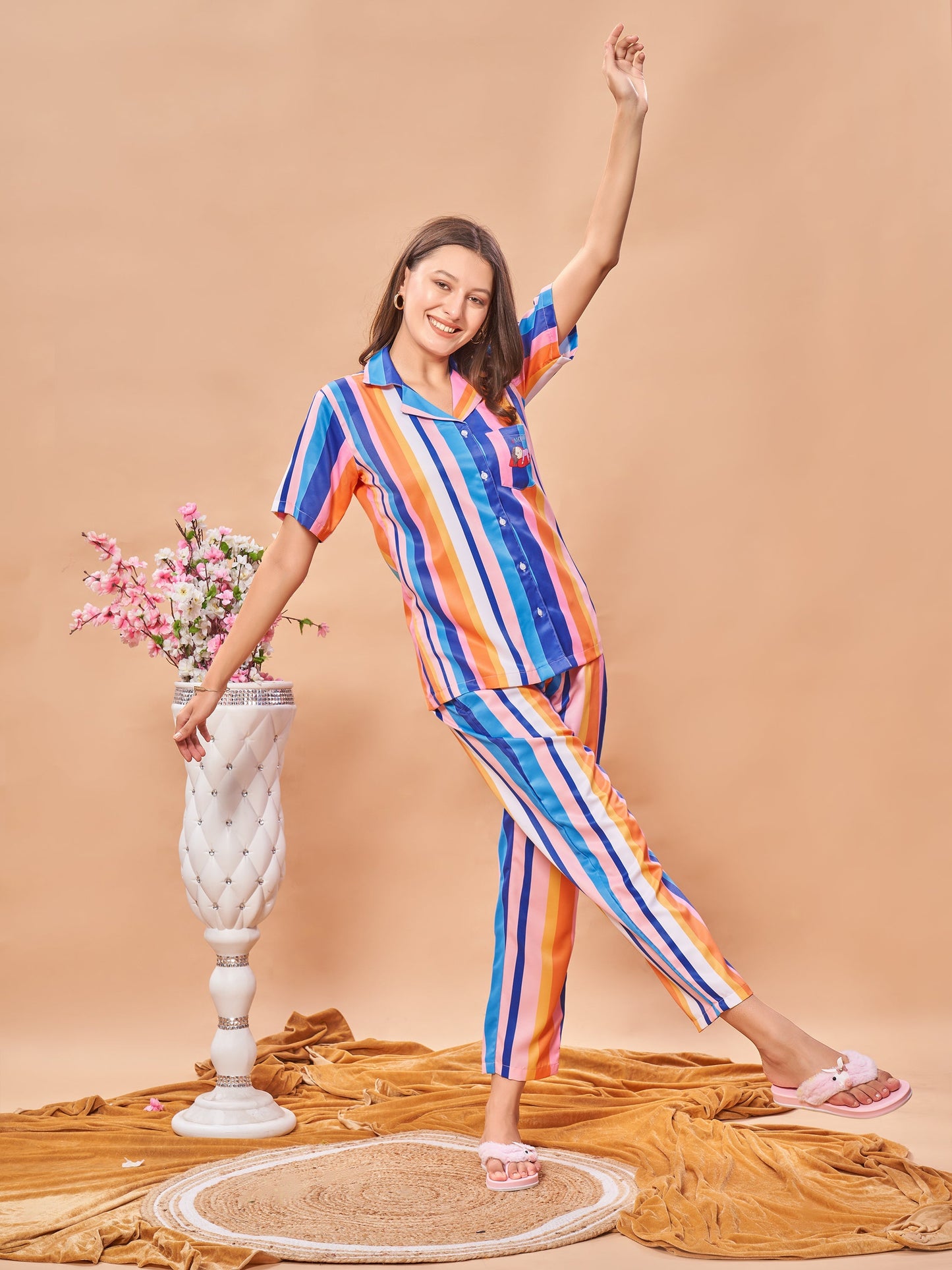 COMBO (3 Piece) Getting Cozzy Back Printed colored Stripes Pyjama Set| Womens pjs (Short & Full Bottom)