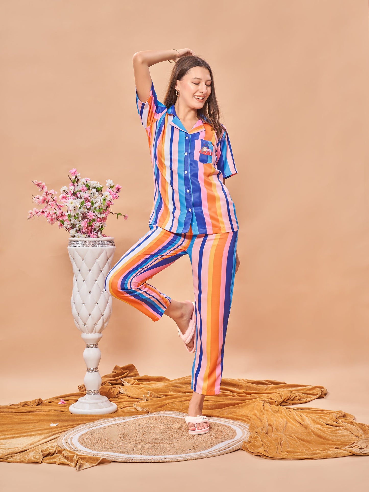 COMBO (3 Piece) Getting Cozzy Back Printed colored Stripes Pyjama Set| Womens pjs (Short & Full Bottom)