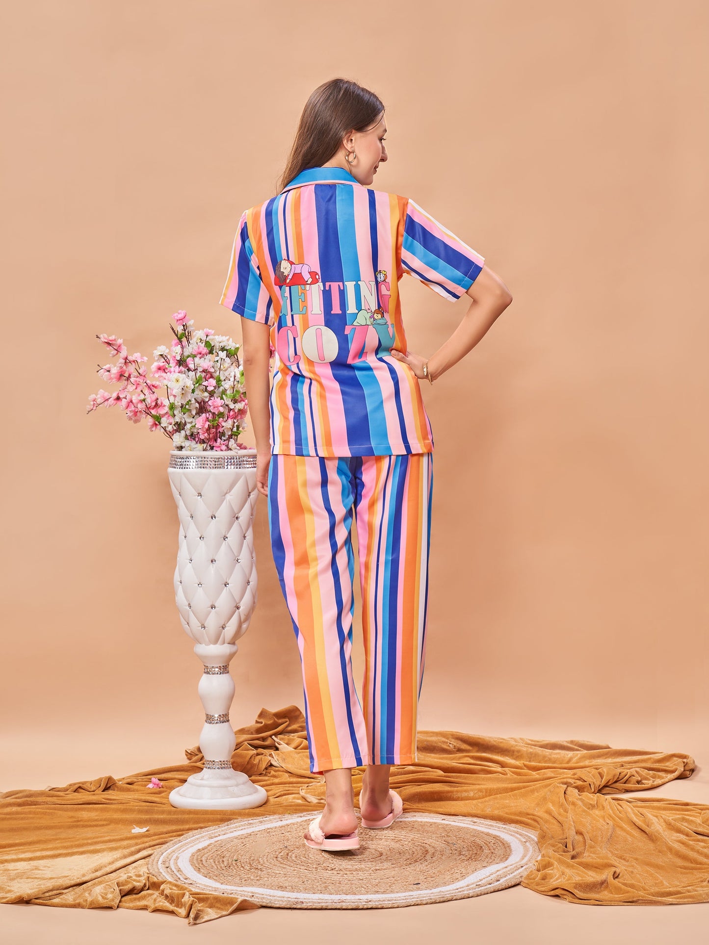 COMBO (3 Piece) Getting Cozzy Back Printed colored Stripes Pyjama Set| Womens pjs (Short & Full Bottom)