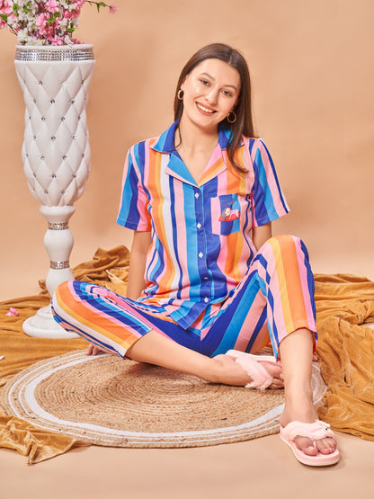 COMBO (3 Piece) Getting Cozzy Back Printed colored Stripes Pyjama Set| Womens pjs (Short & Full Bottom)