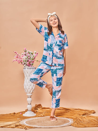 COMBO (3 Piece) Brezzy Waves Printed Pyjama Set| Womens pjs (Short & Full Bottom)