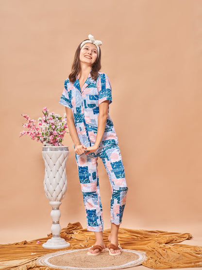 COMBO (3 Piece) Brezzy Waves Printed Pyjama Set| Womens pjs (Short & Full Bottom)