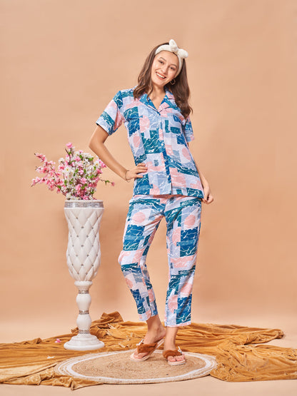 COMBO (3 Piece) Brezzy Waves Printed Pyjama Set| Womens pjs (Short & Full Bottom)