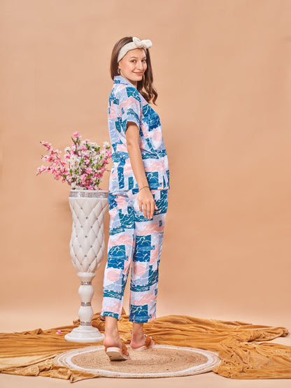 COMBO (3 Piece) Brezzy Waves Printed Pyjama Set| Womens pjs (Short & Full Bottom)