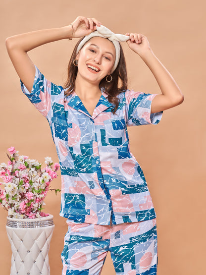 COMBO (3 Piece) Brezzy Waves Printed Pyjama Set| Womens pjs (Short & Full Bottom)