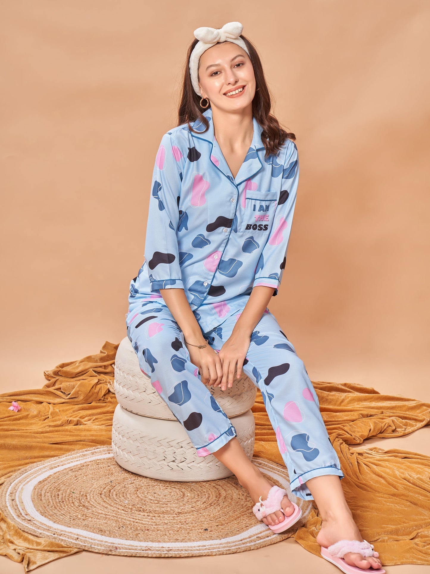 I AM THE BOSS Back Printed Green Stripes Pyjama Set| Womens pjs